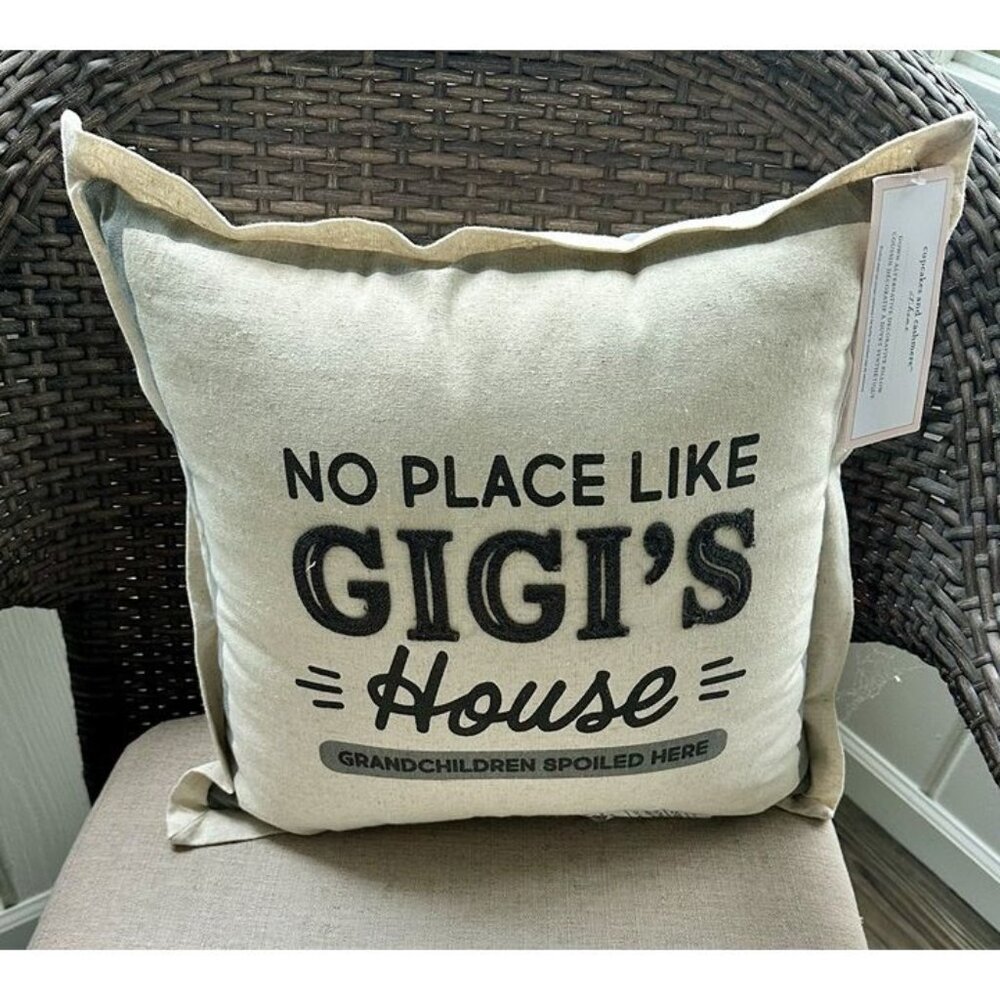 NO PLACE LIKE GIGI’s 16x16 Embroider Toss Throw Pillow Neutral Gray Grandma New